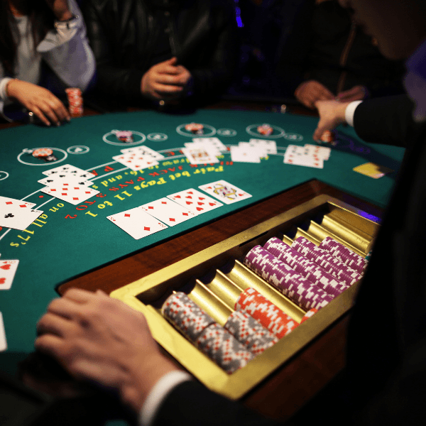 Blackjack table with cards and chips at Gulfstream Park Casino